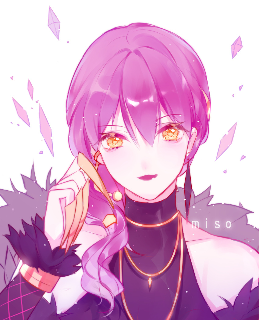 1girl absurdres evelynn fingernails highres jewelry k/da_(league_of_legends) k/da_evelynn league_of_legends lipstick long_fingernails looking_at_viewer makeup misononeko necklace purple_hair white_background yellow_eyes