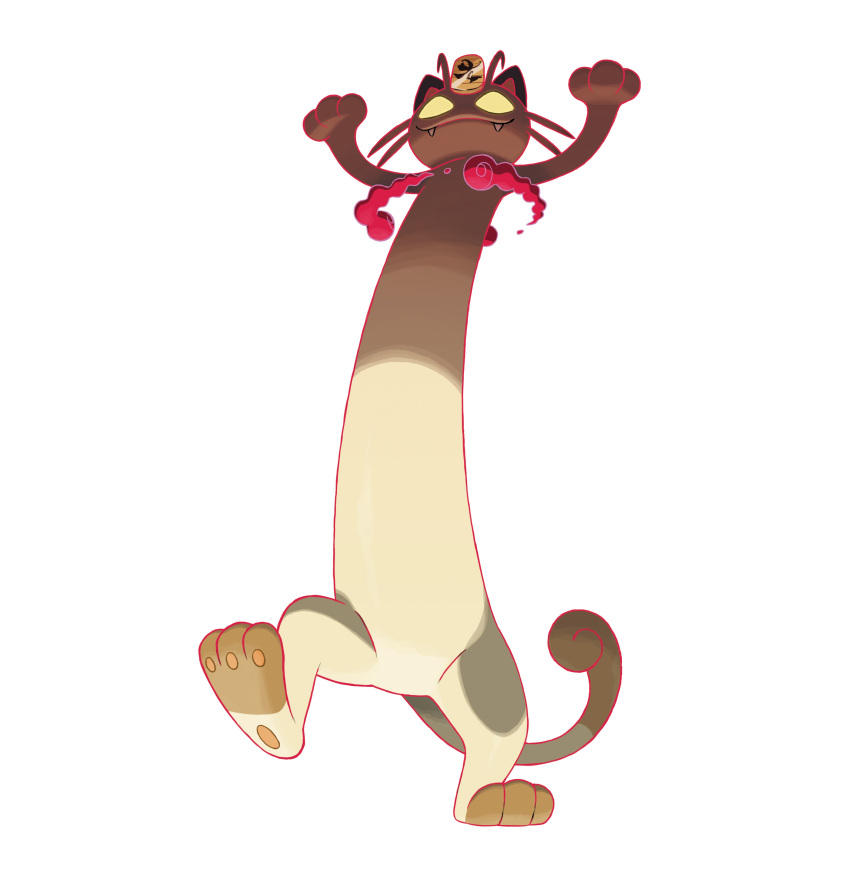 :3 absurdres arms_up artist_request closed_mouth fangs gen_1_pokemon gigantamax gigantamax_meowth highres jpeg_artifacts meowth no_humans official_art pawpads paws pokemon pokemon_(creature) pokemon_(game) pokemon_swsh simple_background smile smoke solo standing standing_on_one_leg whiskers white_background