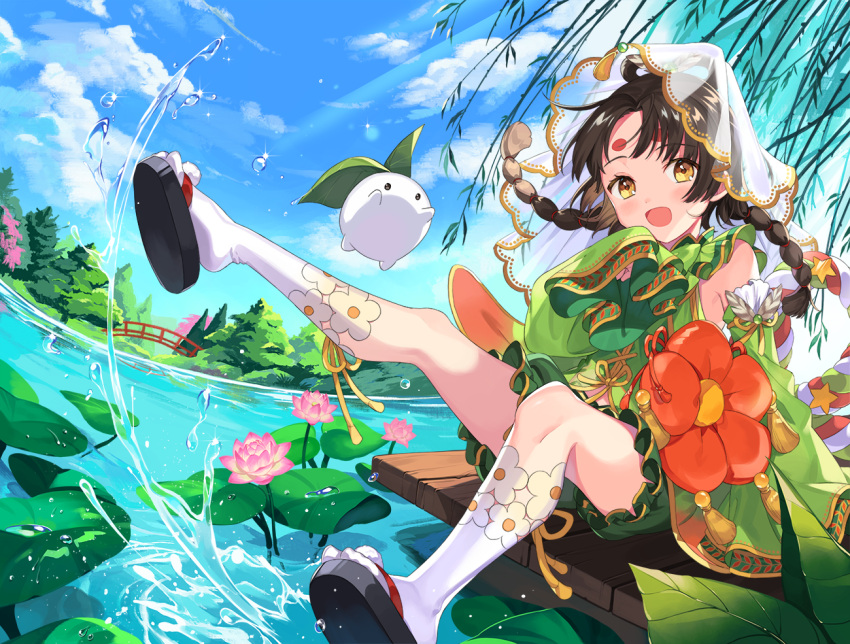 1girl :d bangs blue_sky braid clouds commentary_request eyebrows_visible_through_hair flower happy houchi_shoujo japanese_clothes kimono kneehighs looking_at_viewer open_mouth orange_flower pink_flower sandals sitting sky sleeves_past_fingers sleeves_past_wrists smile solo twin_braids vonokim water white_legwear wide_sleeves