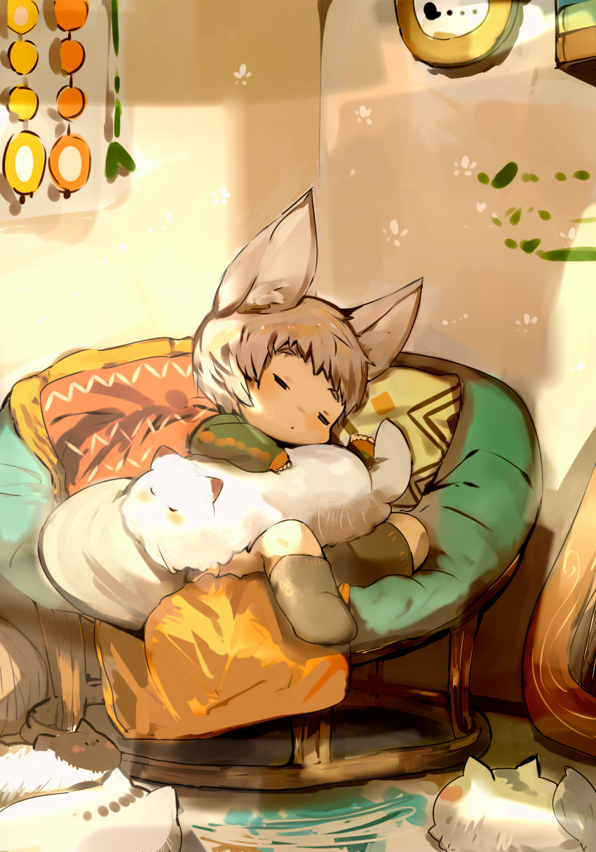 1boy animal animal_ears bad_id bad_pixiv_id black_legwear blush cat closed_eyes fox_boy fox_ears fox_tail highres light_brown_hair male_focus original shirokujira sleeping socks tail