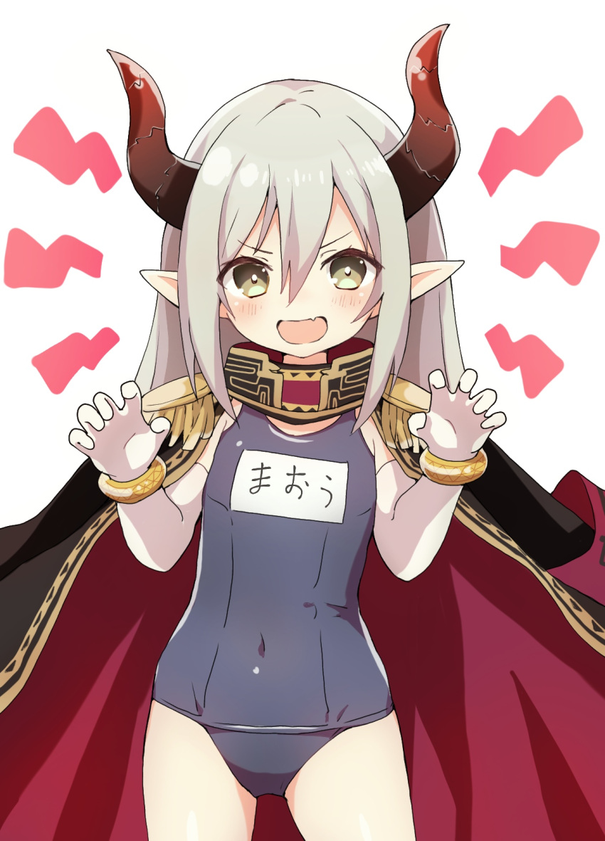 1girl :d bangle bangs blush bracelet brown_eyes claw_pose commentary_request covered_navel cowboy_shot curled_horns ddak5843 demon_girl demon_horns elbow_gloves emma_august epaulettes eyebrows_visible_through_hair fang gloves hair_between_eyes hands_up highres horns jacket_on_shoulders jewelry long_hair name_tag nijisanji old_school_swimsuit one-piece_swimsuit open_mouth pointy_ears school_swimsuit simple_background skin_fang smile solo swimsuit thighs v-shaped_eyebrows very_long_hair virtual_youtuber white_background white_gloves