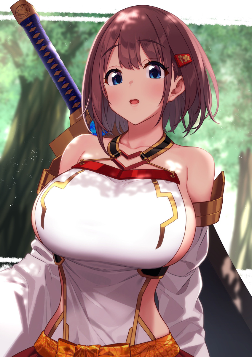 1girl :o absurdres baffu bangs bare_shoulders blue_eyes blurry blurry_background blush bow breasts brown_hair collarbone commentary_request dappled_sunlight depth_of_field detached_sleeves eyebrows_visible_through_hair hair_ornament hairclip highres hitoyo_(baffu) katana large_breasts long_sleeves looking_at_viewer orange_bow original outdoors parted_lips sash sheath sheathed short_hair sideboob solo sunlight sword tree upper_body weapon weapon_on_back