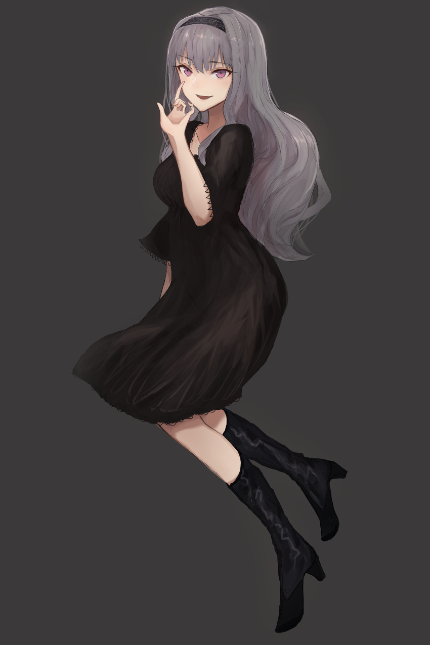 1girl absurdres black_dress black_footwear boots dress hairband high_heel_boots high_heels highres idolmaster idolmaster_(classic) index_finger_raised long_hair mxwbr open_mouth shijou_takane silver_hair simple_background smile solo violet_eyes