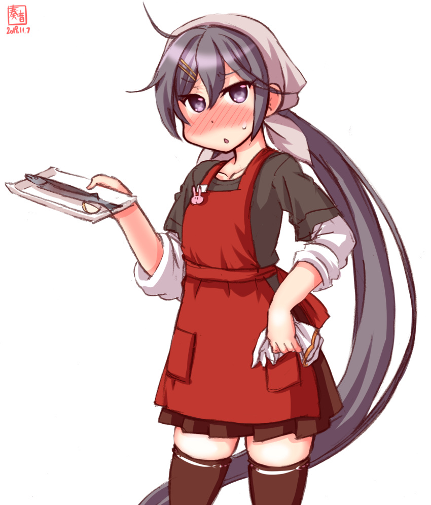 1girl ahoge akebono_(kantai_collection) alternate_costume apron artist_logo bandana black_legwear black_shirt black_skirt blush commentary_request dated fish hand_on_hip highres kanon_(kurogane_knights) kantai_collection long_hair looking_at_viewer low_ponytail plate pleated_skirt ponytail purple_hair red_apron shirt simple_background skirt sleeves_rolled_up solo standing sweater thigh-highs very_long_hair violet_eyes white_background white_sweater