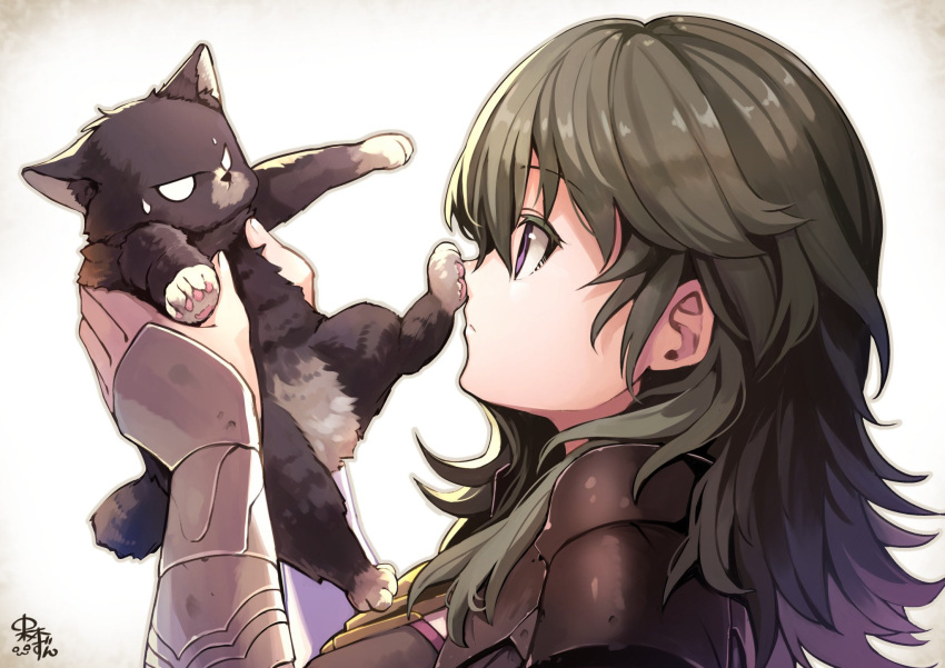 1girl 1other animal blue_eyes blue_hair byleth_(fire_emblem) byleth_eisner_(female) cat closed_mouth female_my_unit_(fire_emblem:_three_houses) fire_emblem fire_emblem:_three_houses fire_emblem:_three_houses highres holding holding_cat human intelligent_systems koei_tecmo mammal medium_hair my_unit_(fire_emblem:_three_houses) nakabayashi_zun nintendo signature simple_background upper_body