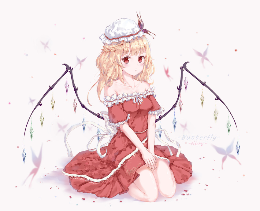 1girl absurdres alternate_hairstyle artist_name bangs bare_shoulders blonde_hair blush braid breasts bug butterfly butterfly_hair_ornament chinese_commentary collarbone commentary_request crystal dress eyebrows_visible_through_hair flandre_scarlet frills grey_background hair_ornament hat highres insect long_hair looking_at_viewer mob_cap niuy off-shoulder_dress off_shoulder red_dress red_eyes ribbon seiza short_dress short_sleeves simple_background sitting small_breasts solo touhou white_headwear white_ribbon wings