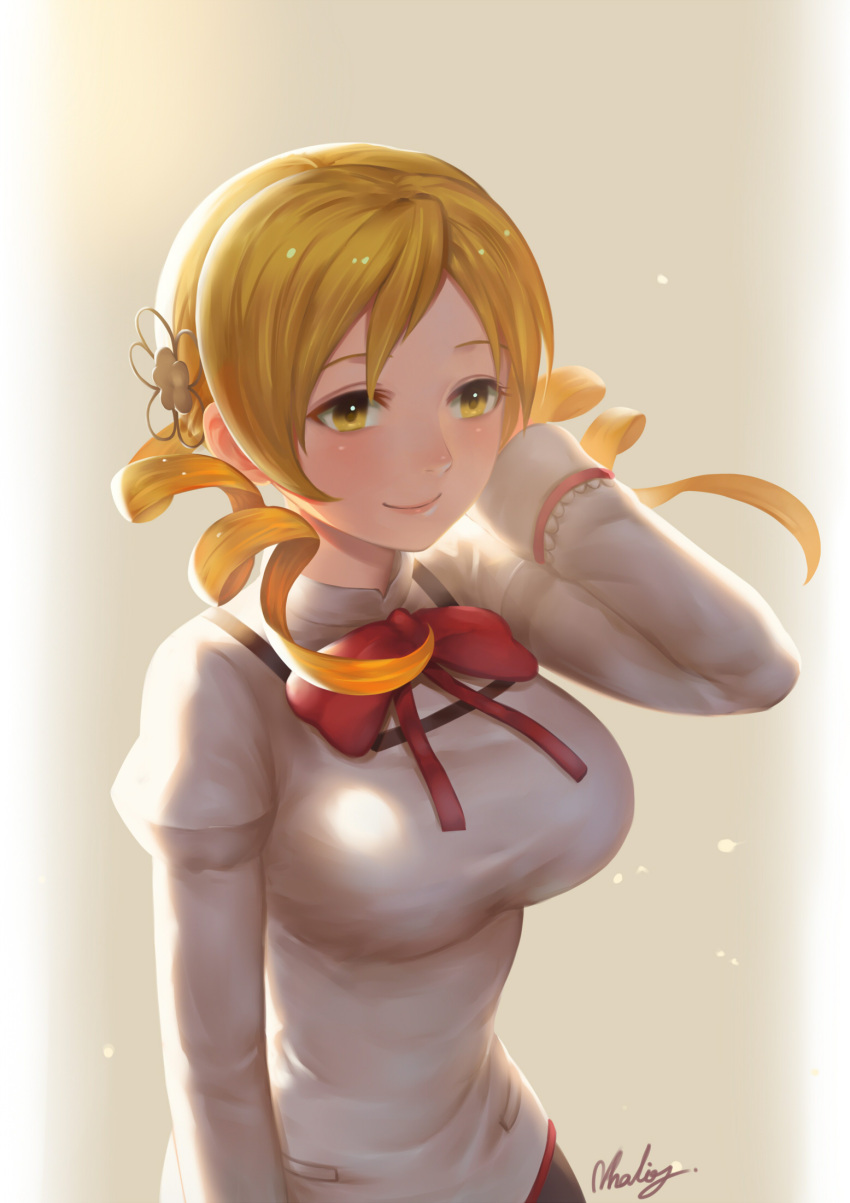 1girl blonde_hair blush breasts drill_hair hand_in_hair highres mahou_shoujo_madoka_magica mitakihara_school_uniform natsuyu neck_ribbon red_ribbon ribbon school_uniform signature smile solo tomoe_mami yellow_eyes