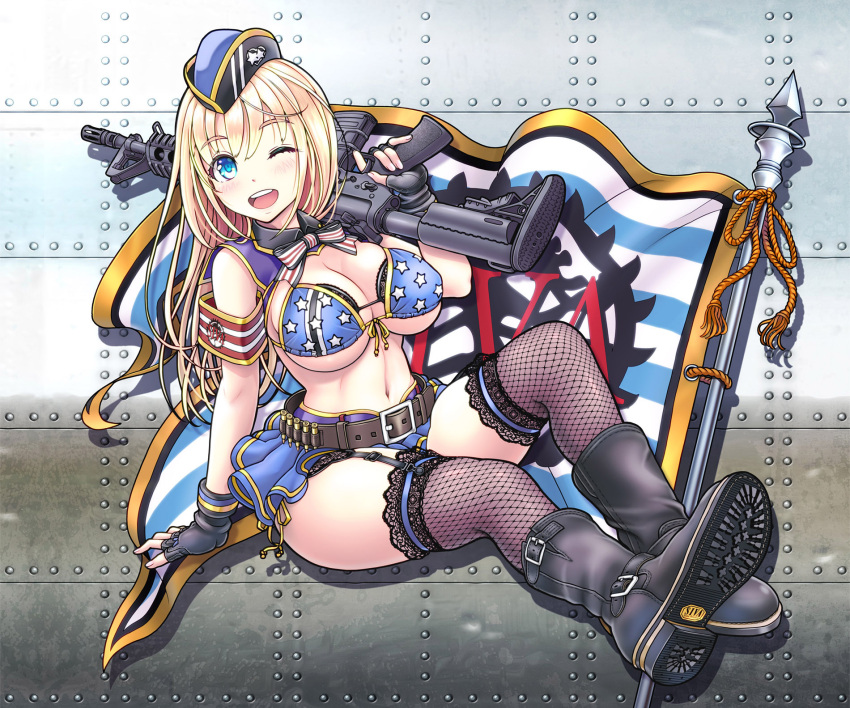 1girl ammunition armband assault_rifle bandolier belt black_belt black_footwear black_gloves black_legwear blonde_hair blue_bikini_top blue_eyes blue_headwear blue_skirt boots bow bowtie breasts bullet detached_collar fingerless_gloves fishnet_legwear fishnets flag flagpole garrison_cap garter_straps gloves gun hat highres large_breasts long_hair looking_at_viewer miniskirt navel one_eye_closed original pantyhose pleated_skirt rifle sitting skirt solo star star_print striped striped_neckwear thigh-highs v-mag weapon