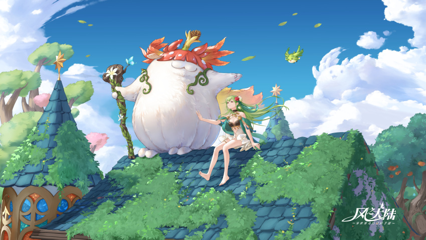1girl :3 arm_at_side ash_tale-kaze_no_tairiku- bare_shoulders barefoot bird black_bikini_top blue_sky character_request clouds copyright_name creature day dress fantasy flower food fruit fruit_tree green_hair hair_flower hair_ornament hair_ribbon highres holding holding_staff jewelry long_hair moss necklace on_roof outdoors outstretched_arm outstretched_arms pinecone red_flower red_rose revealing_clothes ribbon rooftop rose shawl sitting sky smile spread_arms staff star tassel thighlet tower tree white_dress white_flower wind yubo-w