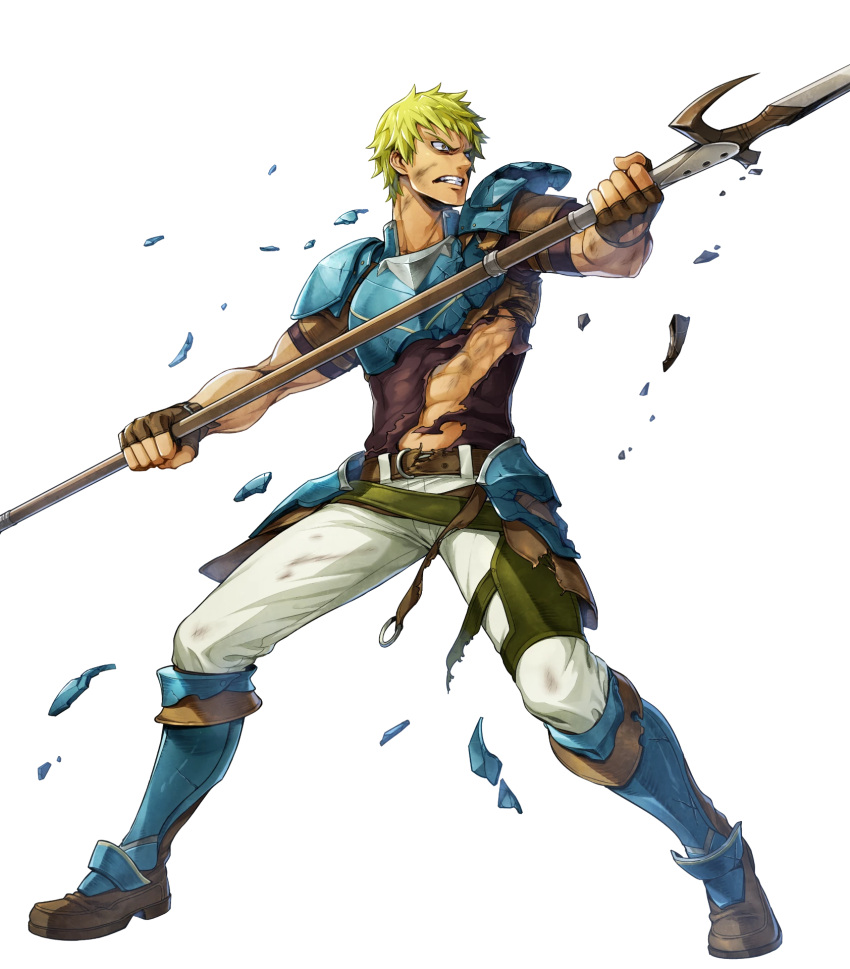 1boy abs argon_(exys) armor belt blonde_hair boots brown_eyes cormag_(fire_emblem) fingerless_gloves fire_emblem fire_emblem:_the_sacred_stones fire_emblem_heroes full_body gloves highres official_art polearm scar solo spear teeth torn_clothes weapon