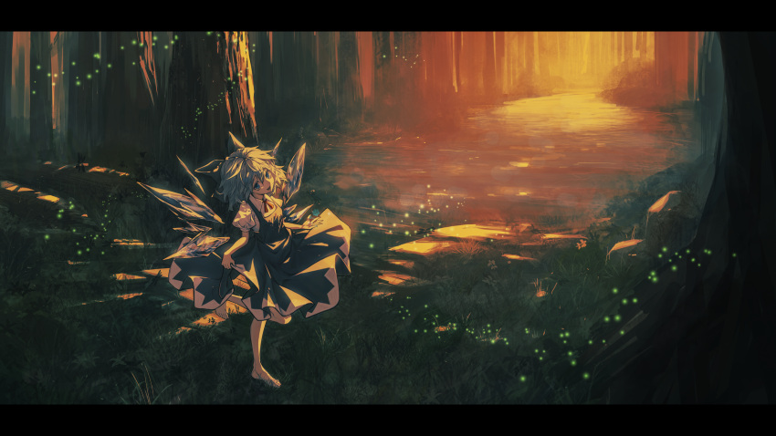 1girl barefoot blue_dress blue_eyes blue_hair bow cirno commentary dress fireflies forest grass hair_bow head_tilt highres joker_(stjoker) letterboxed light_rays looking_at_viewer messy_hair nature open_hand open_mouth outdoors pinafore_dress puffy_short_sleeves puffy_sleeves red_neckwear red_ribbon ribbon shirt short_hair short_sleeves skirt_hold snowflakes solo standing standing_on_one_leg stream sunbeam sunlight touhou twilight white_shirt wings