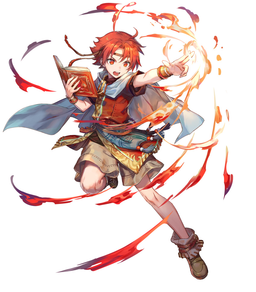 1boy azutarou belt book boots bracelet cape circlet ewan_(fire_emblem) fire fire_emblem fire_emblem:_the_sacred_stones fire_emblem_heroes full_body highres jewelry official_art open_mouth red_eyes redhead solo teeth