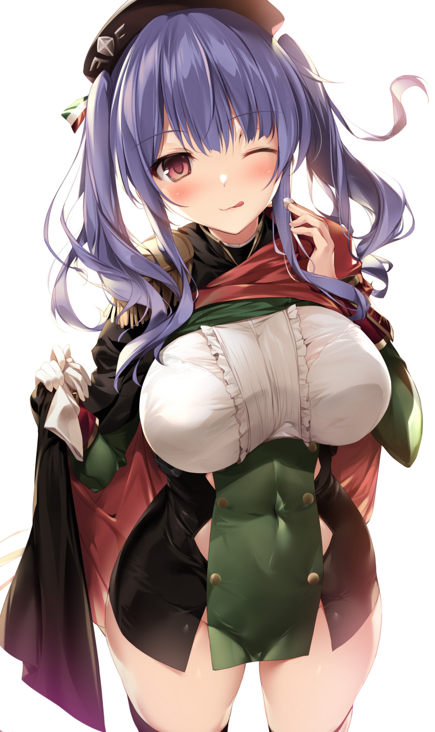 1girl ;p absurdres azur_lane bangs beret black_headwear blush breasts cape commentary_request covered_navel cowboy_shot dress eyebrows_visible_through_hair food gloves groin hand_up hat highres holding holding_food karory large_breasts long_hair looking_at_viewer multicolored multicolored_clothes multicolored_dress one_eye_closed open_mouth pelvic_curtain pola_(azur_lane) purple_hair red_cape red_eyes short_dress simple_background single_glove skindentation smile solo thigh-highs thighs tongue tongue_out twintails white_background white_gloves