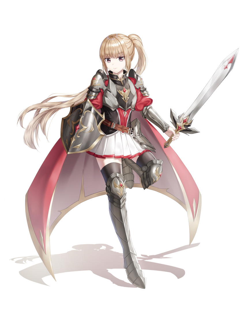 1girl absurdres bangs black_legwear blonde_hair commentary_request eyebrows_visible_through_hair highres holding holding_shield holding_sword holding_weapon knight long_hair looking_at_viewer nay original ponytail shield simple_background skirt solo sword thigh-highs weapon white_background white_skirt