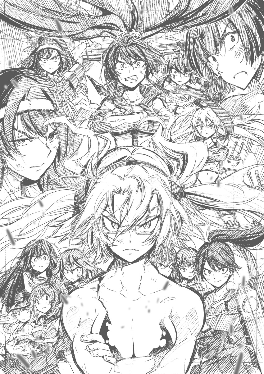 6+girls absurdres akatsuki_(kantai_collection) animal_ears bare_chest black_hair bruise_on_face clenched_teeth commentary crossed_arms flight_deck fusou_(kantai_collection) glaring glasses graphite_(medium) greyscale gunbuster_pose hachimaki headband headgear hibiki_(kantai_collection) highres houshou_(kantai_collection) hyuuga_(kantai_collection) ikazuchi_(kantai_collection) inazuma_(kantai_collection) ise_(kantai_collection) japanese_clothes kantai_collection kimono kitakami_(kantai_collection) kojima_takeshi looking_at_viewer monochrome multiple_girls musashi_(kantai_collection) navel ooi_(kantai_collection) ponytail rabbit_ears rensouhou-chan sailor_collar serious shimakaze_(kantai_collection) teeth toned top_wo_nerae! traditional_media twintails white_hair yamashiro_(kantai_collection) yamato_(kantai_collection)