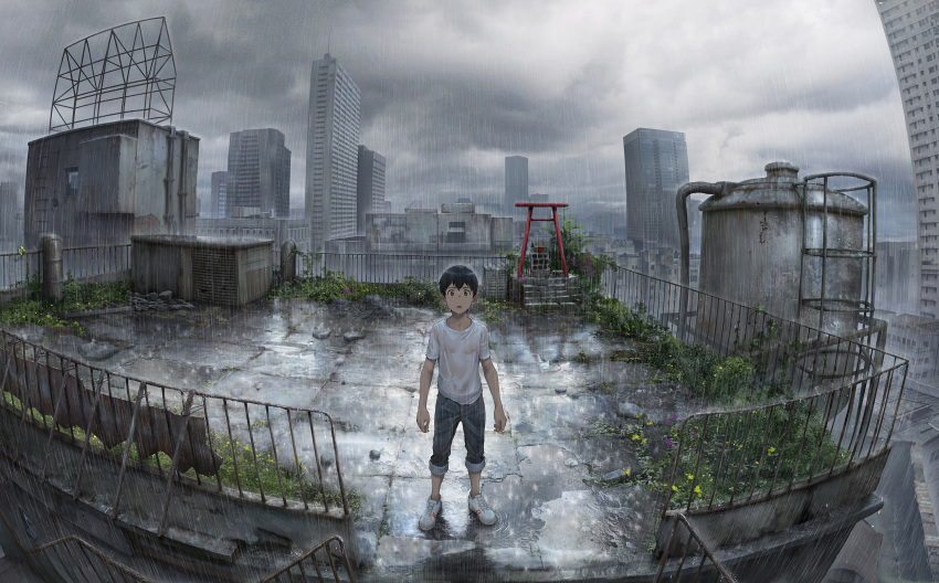1boy arms_at_sides bare_arms beitemian black_hair brown_eyes building city cityscape clouds cloudy_sky grass highres ladder looking_at_viewer male_focus morisaki_hotaka outdoors pants pants_rolled_up pipes plant puddle railing rain ripples rooftop rubble scenery shinto shirt shoes short_sleeves shrine sky skyscraper sneakers solo stairs standing surprised t-shirt tenki_no_ko tile_floor tiles torii water_tank wet wet_clothes wet_hair wet_shirt white_footwear white_shirt widescreen