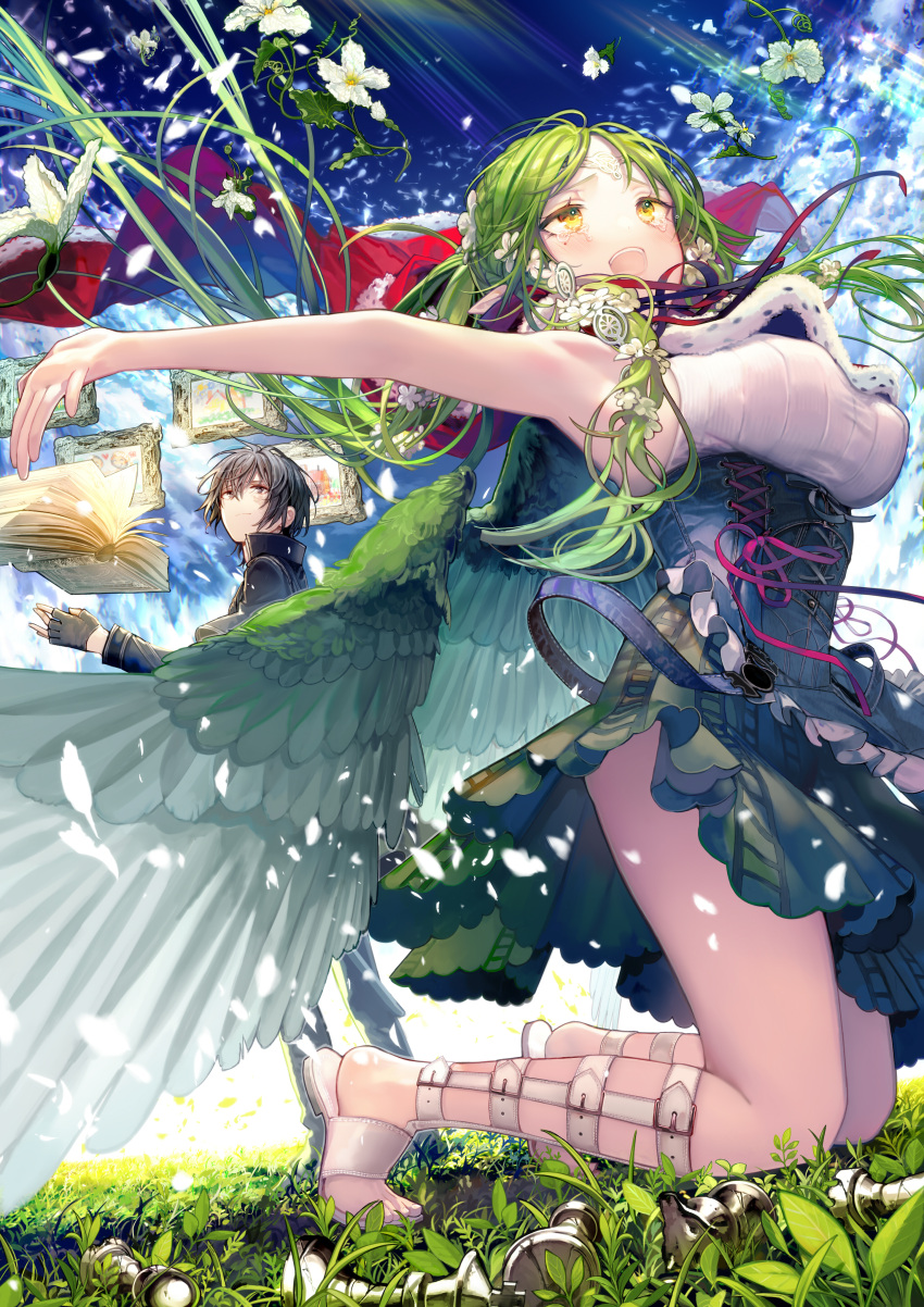 1boy 1girl absurdres black_gloves black_hair blush book breasts brown_eyes chess_piece closed_mouth crying crying_with_eyes_open fingerless_gloves gloves green_hair highres isekai_meikyuu_no_saishinbu_wo_mezasou kneeling large_breasts long_hair looking_away meadow open_book open_mouth short_hair smile standing tears thighs ukai_saki wings