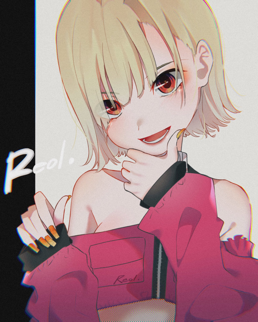 1girl bare_shoulders blonde_hair character_name chromatic_aberration collarbone crop_top hand_on_own_chin hands_up head_tilt highres long_sleeves looking_at_viewer nail_polish niconico off-shoulder_shirt off_shoulder open_mouth rairaisama red_eyes red_shirt reol shirt short_hair smile solo upper_body