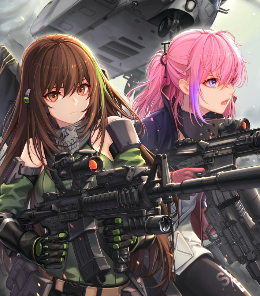 2girls aircraft ar-15 arm_strap assault_rifle asymmetrical_pants baek_hyang bangs black_gloves black_pants blue_eyes breasts brown_eyes brown_hair ch-53 city close-up closed_mouth clouds cloudy_sky commentary_request detached_sleeves dual_wielding finger_on_trigger floating_hair gas_mask girls_frontline glint gloves green_hair green_sweater gun hair_between_eyes helicopter highres holding holding_gun holding_weapon jacket long_hair looking_at_viewer m4_carbine m4a1_(girls_frontline) magazine_(weapon) mod3_(girls_frontline) multicolored_hair multiple_girls open_mouth outdoors pants pink_hair ponytail pouch ribbed_sweater rifle running sidelocks sky snap-fit_buckle st_ar-15_(girls_frontline) streaked_hair suppressor sweater sweater_vest thigh_strap weapon weapon_bag wind