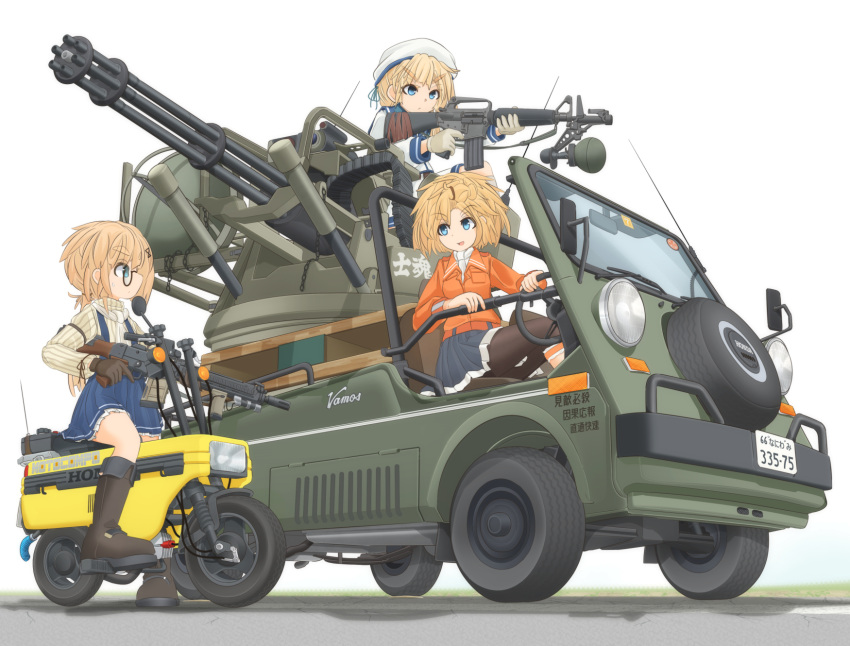 3girls aa_gun arm_garter assault_rifle beret black_footwear black_gloves blonde_hair blue_eyes blue_skirt boots car eyebrows_visible_through_hair gloves green_eyes ground_vehicle gun hair_ornament hair_tie hairclip hat highres holding holding_weapon honda honda_motocompo honda_vamos jacket light_brown_hair logo long_sleeves looking_at_another m16 m167_vads m61_vulcan mikeran_(mikelan) military military_vehicle miniskirt motor_vehicle multiple_girls orange_jacket original pleated_skirt ribbed_shirt riding rifle school_uniform serafuku shirt short_hair simple_background single_horizontal_stripe sitting skirt suspender_skirt suspenders turtleneck van weapon weapon_request white_background white_headwear white_shirt