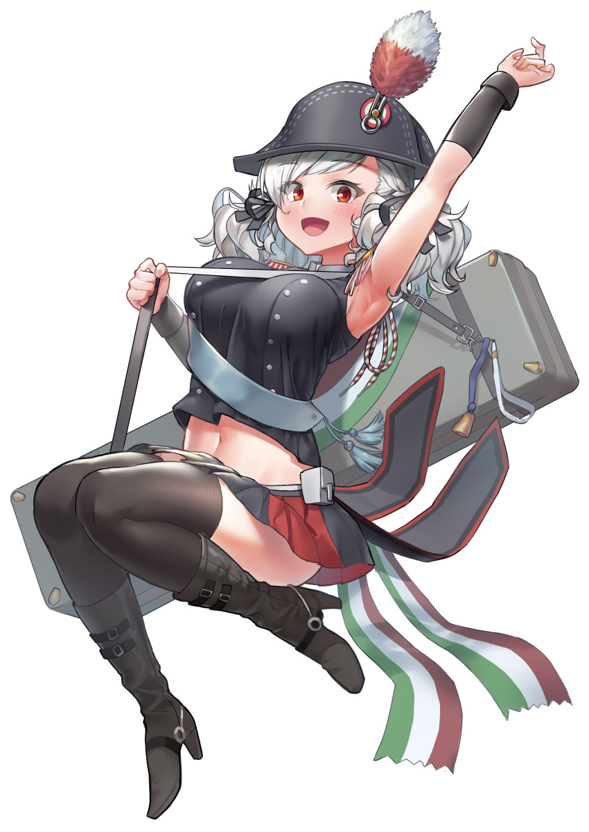 1girl absurdres arm_up arm_warmers armpits asymmetrical_bangs bangs bare_shoulders between_breasts black_footwear black_legwear black_ribbon boots breasts commentary_request flag_print from_side full_body girls_frontline hair_ribbon hat high_heel_boots high_heels highres italian_flag large_breasts looking_at_viewer microskirt miniskirt navel open_mouth red_eyes ribbon silver_hair skirt sleeveless spas-12_(girls_frontline) stomach thigh-highs thighs uleuleuleu white_background zettai_ryouiki