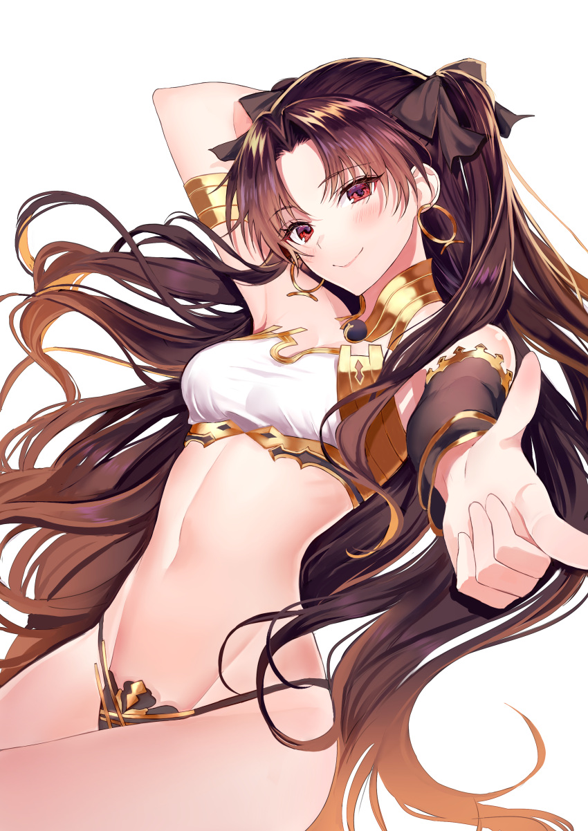 1girl absurdres arm_behind_head armlet asymmetrical_clothes bandeau bow brown_hair detached_sleeves earrings eyebrows_visible_through_hair fate/grand_order fate_(series) finger_gun ggatip hair_bow highres hoop_earrings ishtar_(fate/grand_order) jewelry long_hair looking_at_viewer navel panties pointing red_eyes simple_background smile solo two_side_up underwear very_long_hair white_background