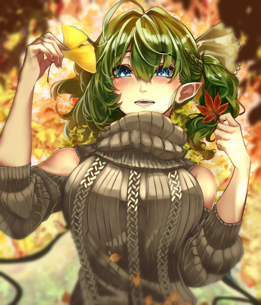 1girl ahoge alternate_costume asymmetrical_hair autumn_leaves bare_shoulders blue_eyes bow braid breasts crown_braid daiyousei eyebrows_visible_through_hair fingernails green_hair hair_between_eyes hair_bow hands_up high_collar highres holding holding_leaf leaf long_sleeves looking_at_viewer lunateelf medium_hair open_mouth pointy_ears shoulder_cutout side_ponytail solo sweater touhou upper_body