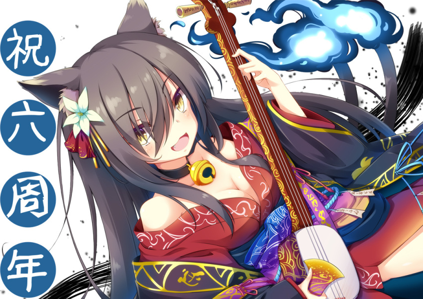 1girl animal_ears bell black_hair breasts cat_ears ebibana flower hair_flower hair_ornament instrument japanese_clothes jingle_bell kimono koharu_(sennen_sensou_aigis) long_hair looking_at_viewer music open_mouth playing_instrument plectrum red_kimono sennen_sensou_aigis shamisen solo yellow_eyes youkai