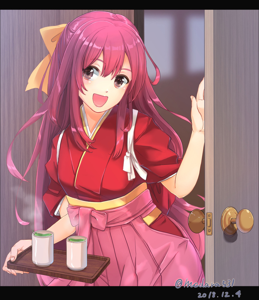 1girl commentary_request cowboy_shot cup dated door doorknob hakama highres japanese_clothes kamikaze_(kantai_collection) kantai_collection kimono letterboxed long_hair looking_at_viewer medara meiji_schoolgirl_uniform open_mouth pink_hakama purple_hair red_kimono smile solo tasuki tray twitter_username violet_eyes yunomi