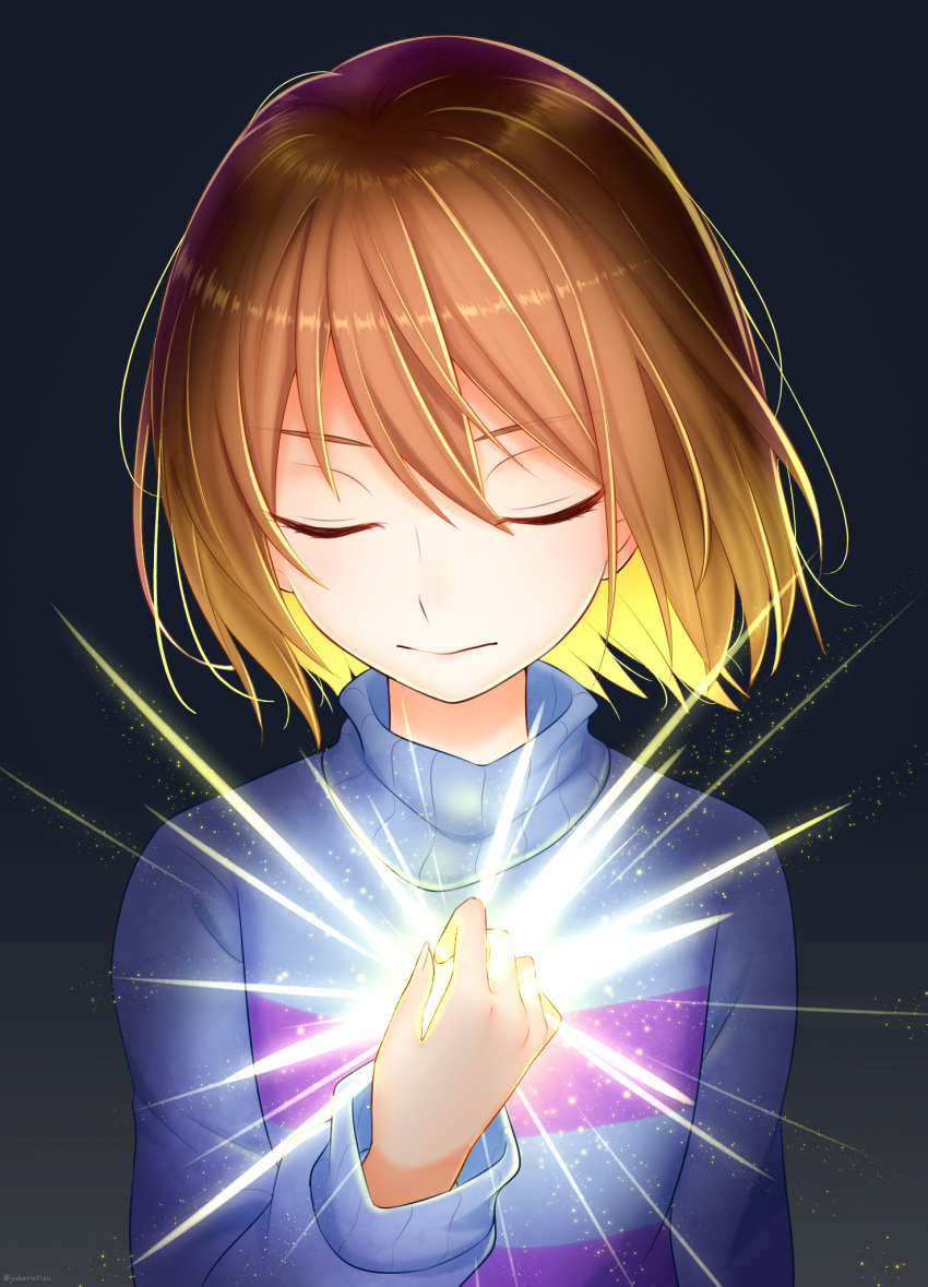 androgynous bangs black_background brown_hair closed_eyes commentary_request frisk_(undertale) highres light shiny striped striped_sweater sweater twitter_username undertale upper_body user_yuka1023