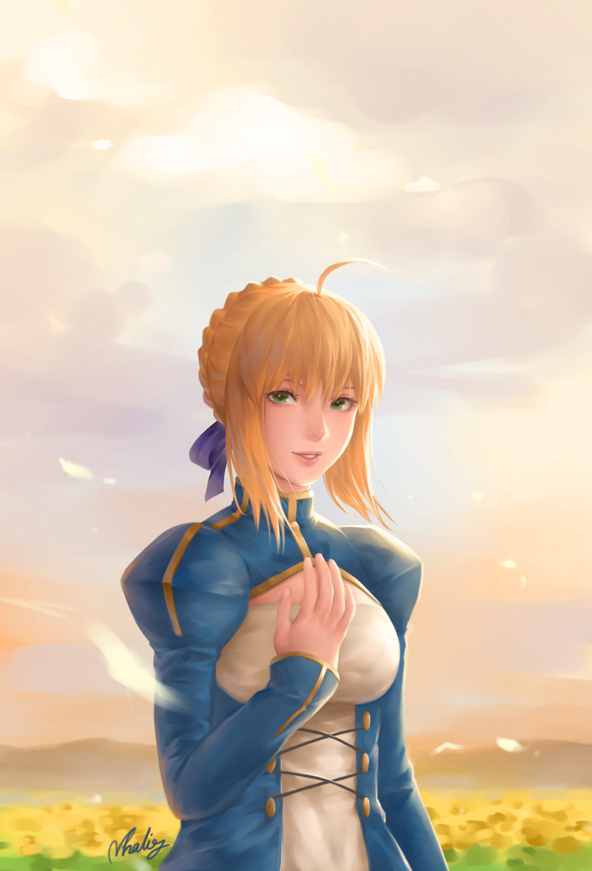 1girl ahoge artoria_pendragon_(all) blonde_hair blurry braid clouds cowboy_shot depth_of_field fate/stay_night fate_(series) french_braid green_eyes hand_on_own_chest highres juliet_sleeves long_sleeves looking_at_viewer natsuyu puffy_sleeves saber smile solo