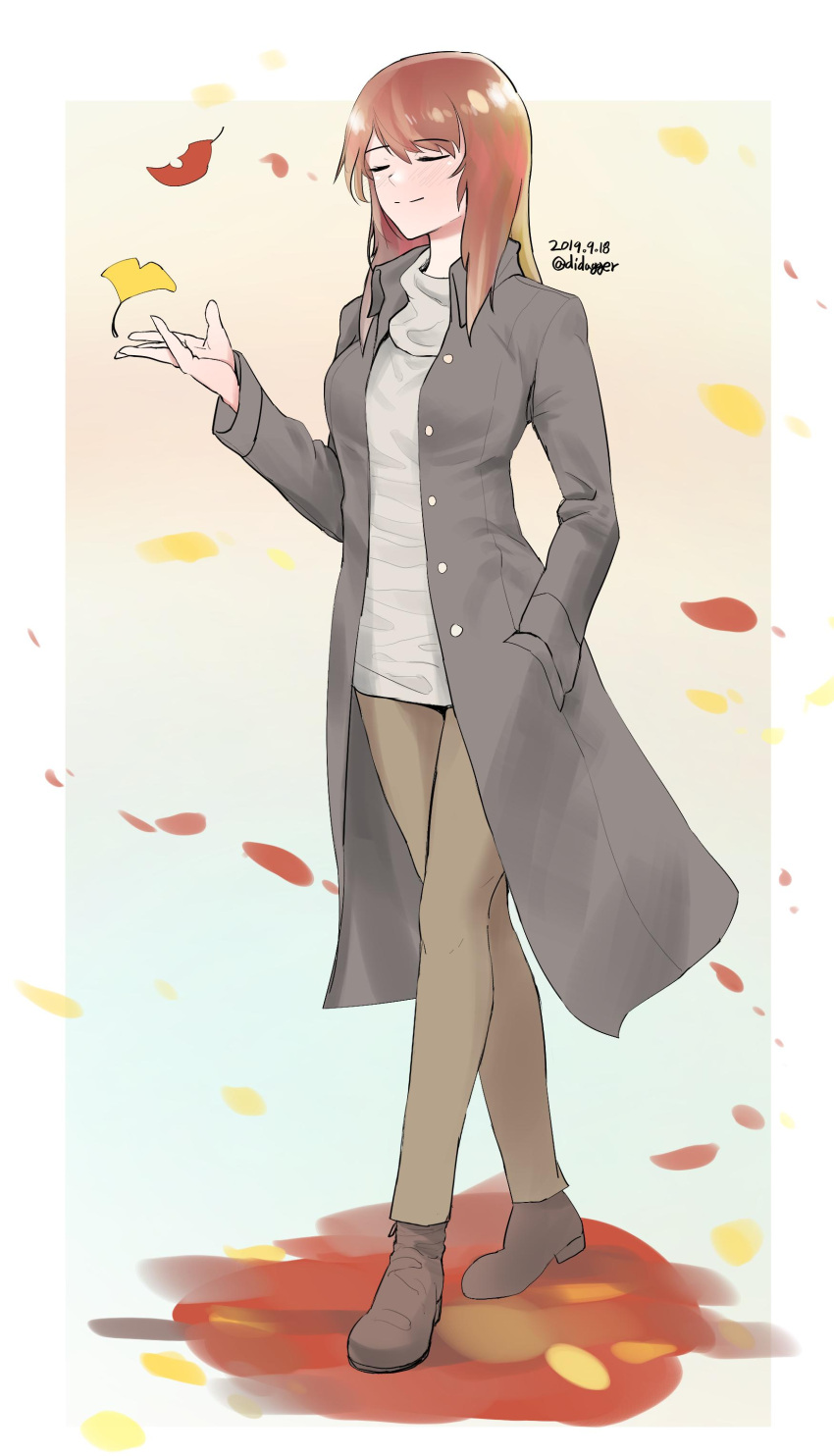1girl absurdres autumn_leaves black_coat boots brown_eyes brown_footwear brown_hair brown_pants casual closed_eyes closed_mouth coat commentary dated didagger eyebrows_visible_through_hair girls_und_panzer gradient gradient_background grey_shirt hand_in_pocket highres long_hair long_sleeves mika_(girls_und_panzer) no_hat no_headwear open_clothes open_coat outside_border pants shirt smile solo standing turtleneck twitter_username wind