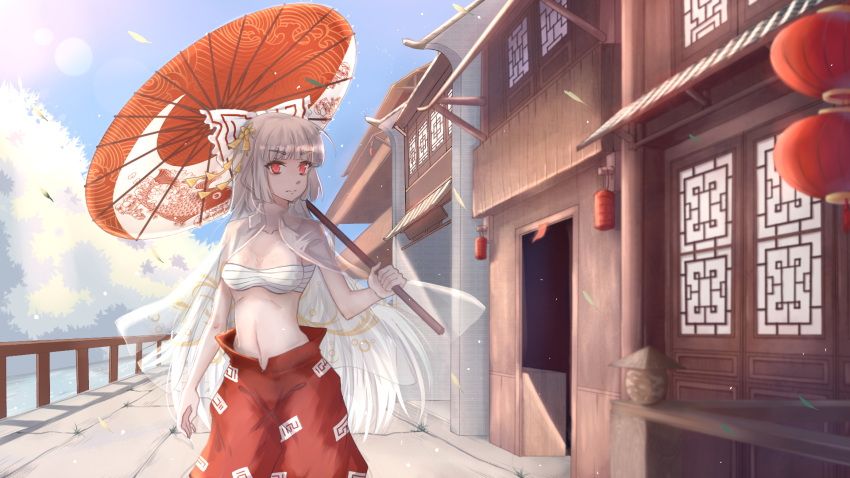 1girl baggy_pants bandages bangs bare_arms blue_sky bow breasts building chinese_commentary collarbone commentary_request cowboy_shot day eyebrows_visible_through_hair fujiwara_no_mokou hair_bow hair_ornament highres holding holding_umbrella lens_flare long_hair looking_at_viewer medium_breasts midriff navel ofuda open_clothes open_shirt oriental_umbrella outdoors pants railing red_eyes red_pants sarashi see-through shirt_on_shoulders silver_hair sky solo standing stomach touhou umbrella very_long_hair white_bow yuan_zi