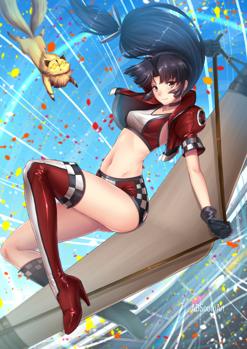 1girl adsouto artist_name asymmetrical_legwear black_footwear black_gloves black_hair blue_ribbon blue_sky boomerang boots breasts brown_eyes choker closed_mouth day floating_hair full_body gloves groin hair_intakes hair_ribbon high_heel_boots high_heels highres inuyasha jacket kirara_(inuyasha) knee_boots long_hair low-tied_long_hair medium_breasts midriff navel open_clothes open_jacket outdoors racequeen red_footwear red_jacket ribbon sango shiny shiny_hair short_shorts shorts sky smile solo stomach thigh-highs thigh_boots very_long_hair