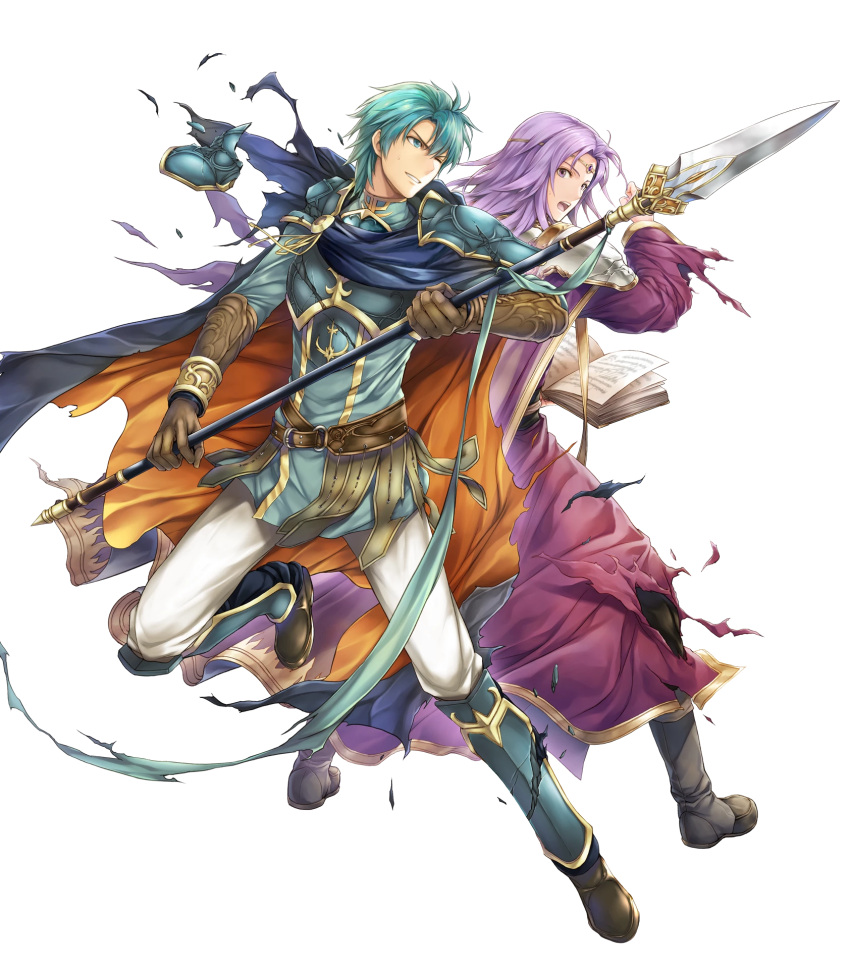 2boys armor armored_boots belt blue_eyes blue_hair book boots cape circlet ephraim_(fire_emblem) fire_emblem fire_emblem:_the_sacred_stones fire_emblem_heroes full_body gloves highres lyon_(fire_emblem) male_focus medium_hair multiple_boys official_art one_eye_closed open_book open_mouth polearm purple_hair spear teeth torn_clothes weapon yamada_koutarou