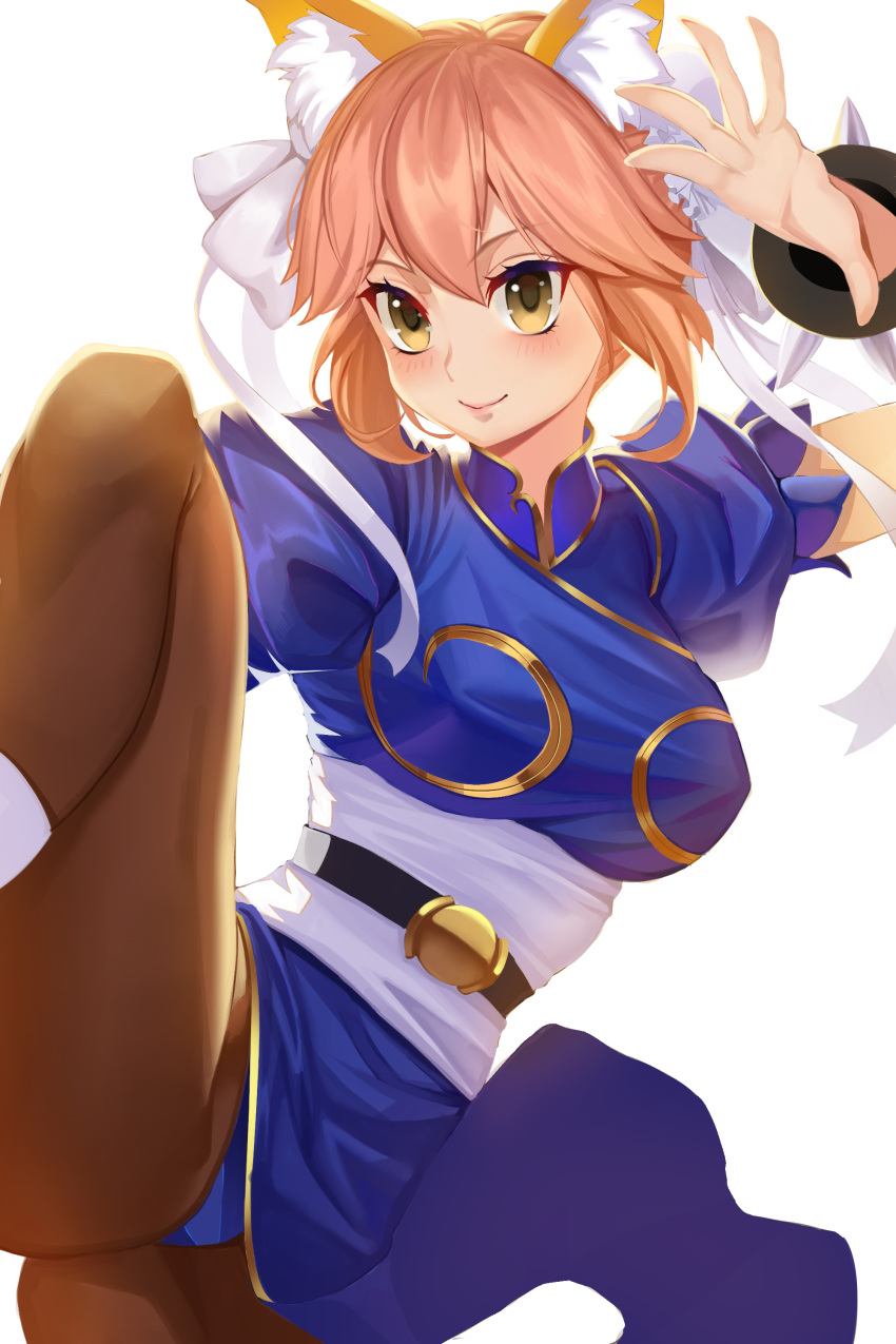 1girl absurdres animal_ears bangs blue_leotard blush breasts brown_legwear china_dress chinese_clothes chun-li chun-li_(cosplay) closed_mouth commentary cosplay dress fate/grand_order fate_(series) fox_ears gaoyang_ou_nisang hair_ribbon hand_up highres large_breasts leg_up leotard pantyhose pink_hair puffy_short_sleeves puffy_sleeves revision ribbon sash short_hair short_sleeves simple_background smile solo street_fighter tamamo_(fate)_(all) tamamo_no_mae_(fate) white_background white_ribbon yellow_eyes