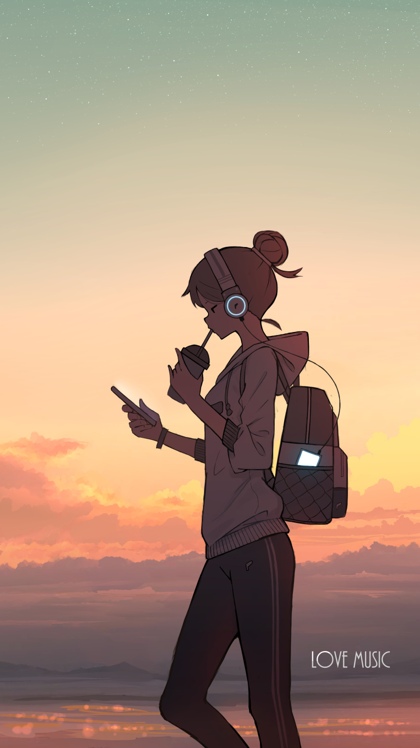 1girl absurdres backlighting backpack bag black_eyes black_pants brown_hair cable cellphone clouds cloudy_sky cup disposable_cup drinking english_text evening feet_out_of_frame from_side glowing hair_bun headphones highres holding holding_cellphone holding_cup holding_phone hood hood_down jitome long_sleeves mountainous_horizon original outdoors pants pasoputi phone profile short_hair sky smartphone solo standing sunset track_pants white_hoodie wristband