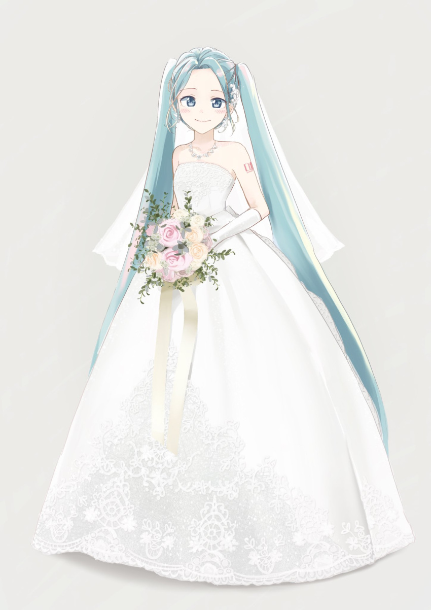 1girl agonasubi aqua_eyes aqua_hair bare_shoulders blush bouquet bridal_veil bride closed_mouth commentary dress earrings elbow_gloves flower full_body gloves hair_flower hair_ornament hatsune_miku highres holding holding_bouquet jewelry lace lace-trimmed_dress long_hair looking_at_viewer necklace ribbon shoulder_tattoo smile solo strapless strapless_dress tattoo twintails veil very_long_hair vocaloid wedding_dress white_dress white_gloves