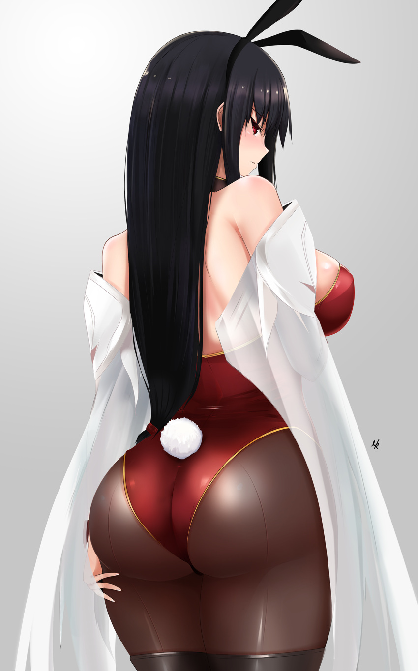 1girl absurdres animal_ears ass back bangs bare_shoulders black_hair black_legwear blush breasts bunny_tail bunnysuit cowboy_shot detached_sleeves edelritter from_behind hairband highres large_breasts long_hair long_sleeves looking_at_viewer looking_back lord_of_vermilion pantyhose parted_lips rabbit_ears red_eyes rishia_(lord_of_vermilion) sleeves_past_wrists solo tail thigh-highs thighhighs_over_pantyhose