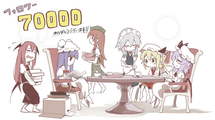 6+girls =_= asutora bat_wings beret black_ribbon black_skirt black_vest blonde_hair blue_dress blue_hair blush_stickers book book_stack bow box braid cardboard_box chair chibi closed_eyes commentary_request cup demon_wings dress flandre_scarlet flying_sweatdrops followers from_side green_bow green_headwear green_skirt green_vest hair_bow hat hat_ribbon head_wings highres holding holding_book holding_cup holding_teapot hong_meiling izayoi_sakuya juliet_sleeves koakuma long_hair long_sleeves maid maid_headdress mob_cap multiple_girls one_side_up open_mouth patchouli_knowledge pointy_ears pouring profile puffy_sleeves purple_hair red_bow red_dress redhead remilia_scarlet ribbon shadow shirt short_hair silver_hair simple_background sitting skirt skirt_set smile table teacup teapot touhou translated twin_braids very_long_hair vest walking white_background white_dress white_headwear white_shirt wings