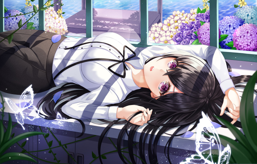 1girl absurdres arm_up bangs black_hair black_pants breasts bug butterfly crossed_bangs daisy day flower gongha hair_between_eyes hand_up highres huge_filesize hydrangea indoors insect long_hair long_sleeves looking_at_viewer lying medium_breasts neck_ribbon on_back open_mouth original pants plant purple_flower ribbon rose shirt shirt_tucked_in solo sunlight violet_eyes water white_flower white_shirt window window_shade