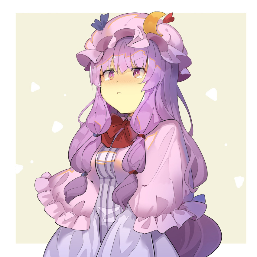 1girl :t bangs blue_ribbon blush border bow bowtie breasts capelet commentary crescent crescent_hair_ornament dress eyebrows_visible_through_hair grey_background hair_between_eyes hair_ornament hat hat_ribbon highres long_hair long_sleeves medium_breasts mob_cap nose_blush outside_border patchouli_knowledge purple_capelet purple_dress purple_hair purple_headwear red_bow red_neckwear red_ribbon ribbon rin_falcon simple_background solo striped tears touhou upper_body v-shaped_eyebrows vertical-striped_dress vertical_stripes violet_eyes white_border