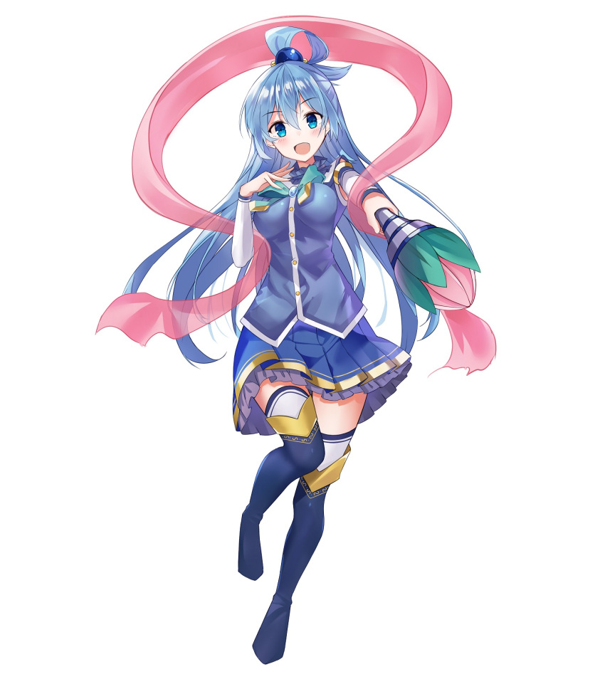 1girl 97dwnstjq aqua_(konosuba) blue_eyes blue_hair blue_legwear blush boots breasts commentary_request detached_sleeves eyebrows_visible_through_hair hair_between_eyes hair_ornament hair_rings highres holding holding_staff kono_subarashii_sekai_ni_shukufuku_wo! large_breasts long_hair looking_at_viewer open_mouth pink_scarf scarf simple_background skirt smile solo staff thigh-highs very_long_hair white_background white_legwear