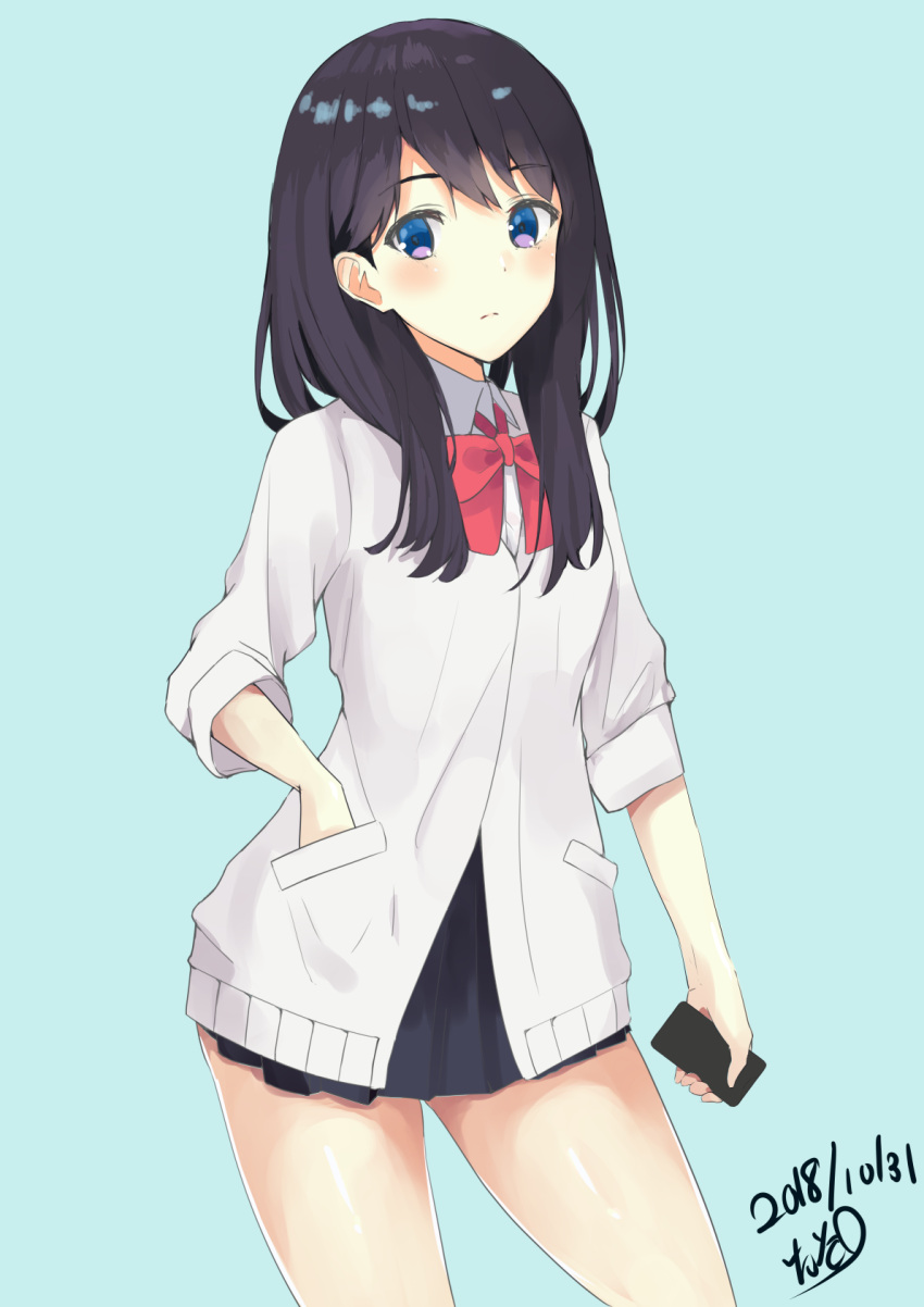 1girl bangs black_hair blue_background blue_eyes blush bow cardigan commentary_request eyebrows_visible_through_hair frown hair_between_eyes highres holding long_hair looking_at_viewer red_bow shiina_aoi simple_background skirt solo ssss.gridman takarada_rikka