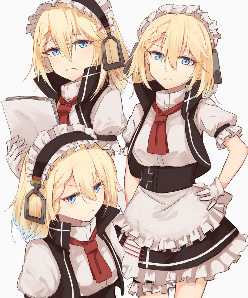 1girl apron blonde_hair blue_eyes commentary_request g36_(girls_frontline) girls_frontline gloves high_collar highres kashiyarrm maid maid_apron maid_headdress papers short_hair sleeveless sleeveless_jacket solo