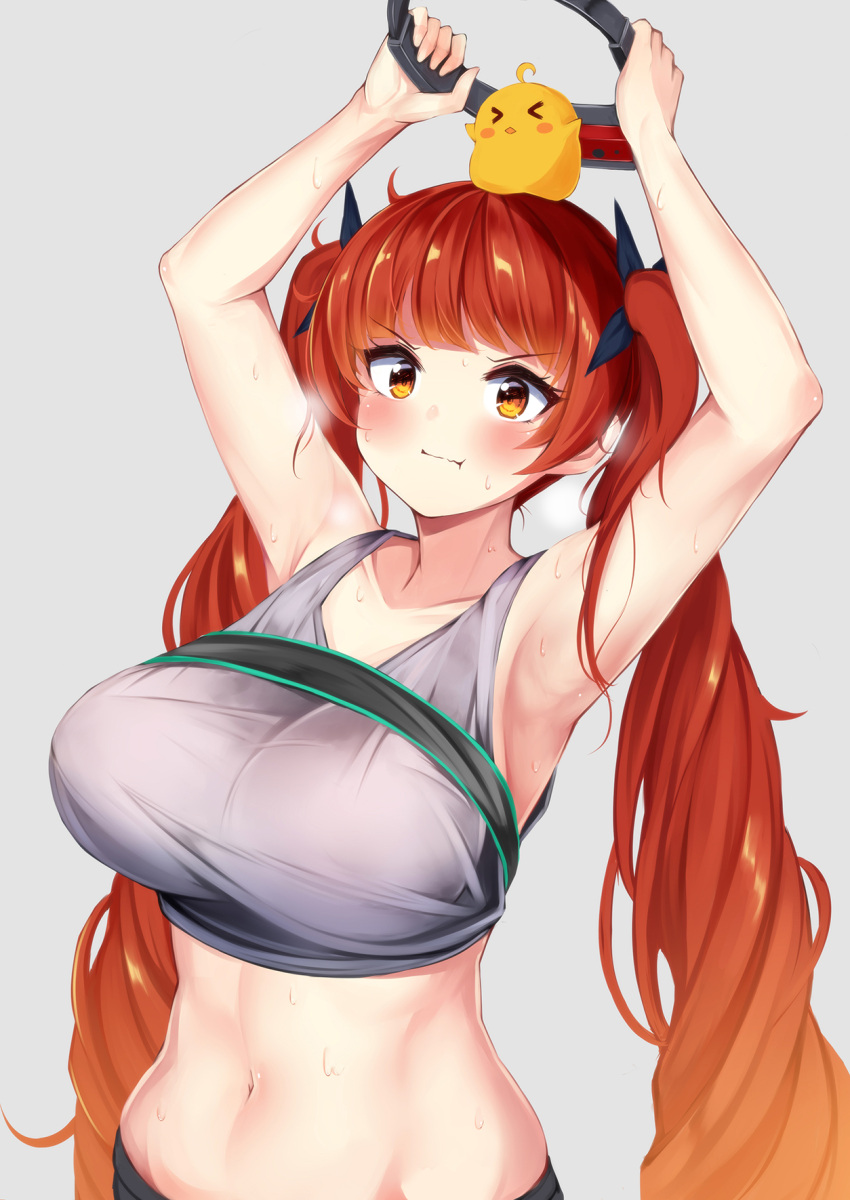 1girl :t armpits arms_up azur_lane bare_arms bare_shoulders bird breasts breath chick closed_mouth collarbone commentary_request crop_top gradient_hair grey_shirt hair_ribbon highres holding honolulu_(azur_lane) irohasu large_breasts long_hair looking_at_viewer manjuu_(azur_lane) midriff multicolored_hair navel orange_eyes pout redhead ribbon shirt solo stomach sweat tank_top twintails upper_body v-shaped_eyebrows very_long_hair