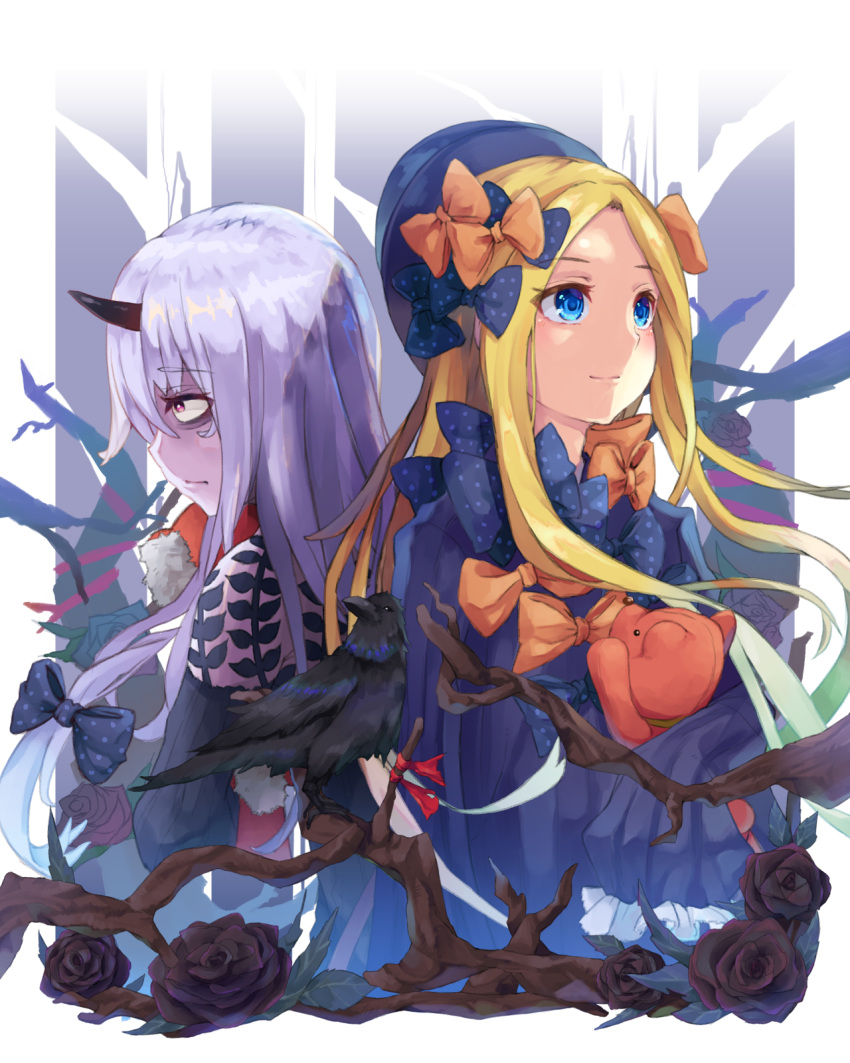 2girls abigail_williams_(fate/grand_order) bags_under_eyes bangs black_bow black_dress black_flower black_headwear black_rose blonde_hair blue_eyes blush bow dress fate/grand_order fate_(series) flower forehead hair_bow highres horn lavinia_whateley_(fate/grand_order) long_hair long_sleeves multiple_girls mumyuu orange_bow pale_skin parted_bangs polka_dot polka_dot_bow ribbed_dress rose sleeves_past_fingers sleeves_past_wrists smile stuffed_animal stuffed_toy teddy_bear violet_eyes white_hair wide-eyed