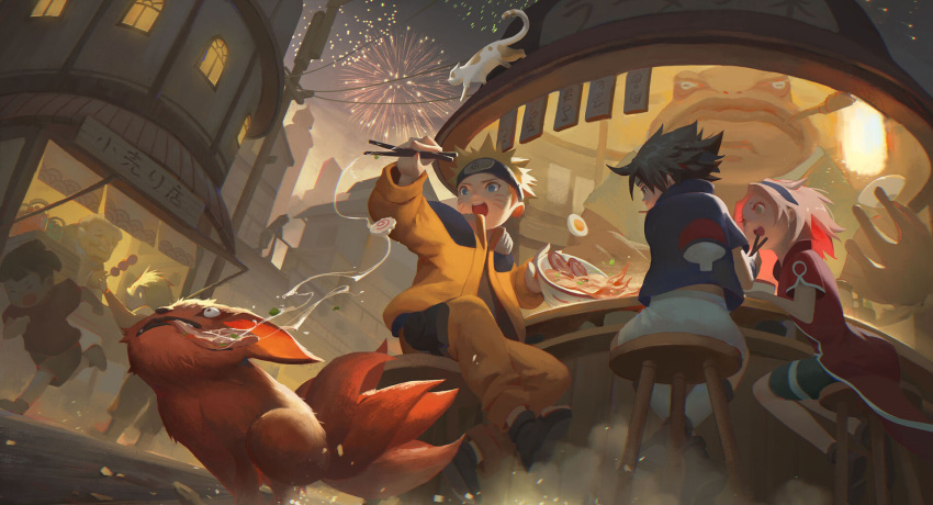 back black_hair blonde_hair bowl cat chopsticks dango extra_tails fireworks food forehead_protector gamabunta_(naruto) hanying_zao haruno_sakura highres konohagakure_symbol kurama_(naruto) naruto naruto_(series) night night_sky noodles open_mouth pink_hair ramen running sitting sky spiky_hair stool uchiha_sasuke uchiha_symbol uzumaki_naruto wagashi whisker_markings whiskers