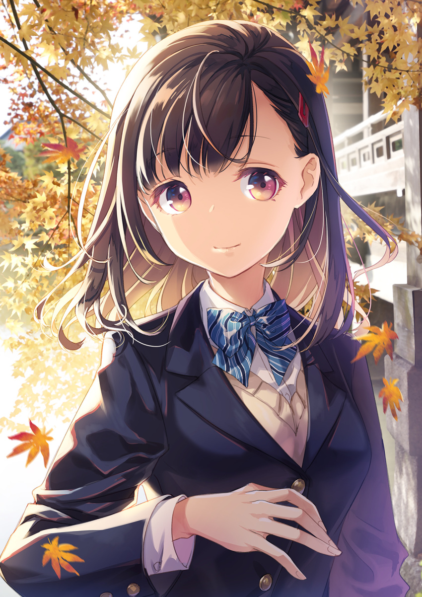 1girl ahoge autumn autumn_leaves black_hair black_jacket blazer blue_bow blue_neckwear bow bowtie breasts building closed_mouth commentary_request day eyebrows_visible_through_hair falling_leaves h2so4 hair_ornament hairclip hand_up highres jacket leaf long_hair long_sleeves looking_at_viewer motion_blur original outdoors school_uniform small_breasts smile solo striped striped_bow striped_neckwear sunlight upper_body violet_eyes