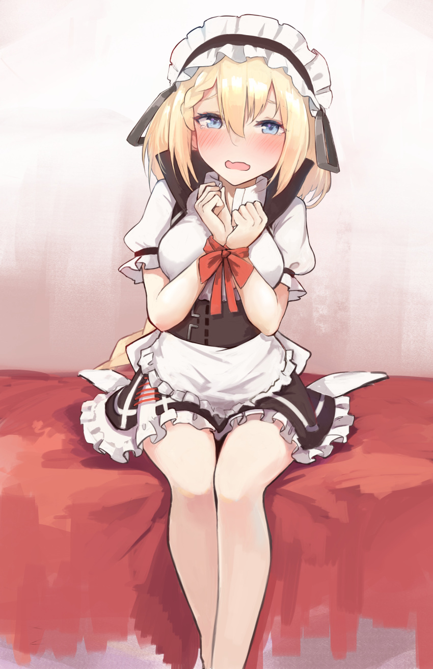 1girl apron bed blonde_hair blue_eyes blush bound bound_arms bow breasts g36_(girls_frontline) girls_frontline highres kashiyarrm large_breasts maid maid_apron maid_headdress restrained short_hair solo